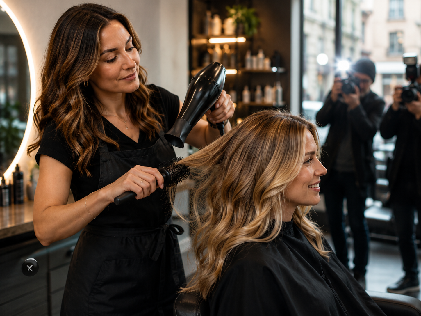 European stylist creating glamorous movie-star hair while photographers wait outside.