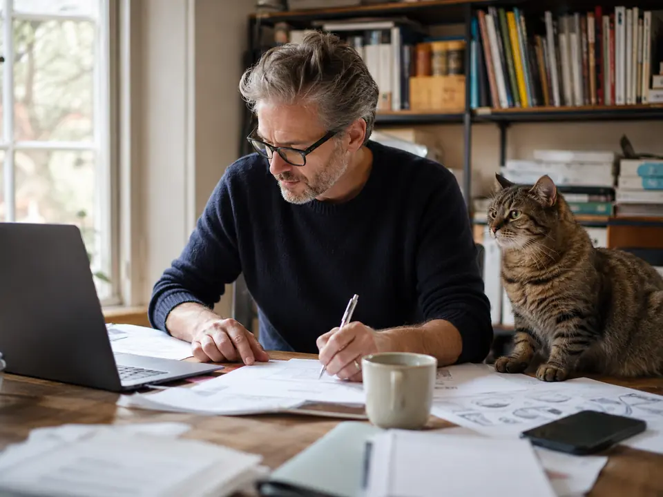 European consultant at a lived-in desk with papers, laptop, coffee and an enormous cat.
