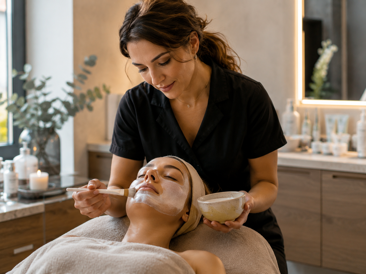 Busy European beauty salon owner delivering a treatment in an active salon.