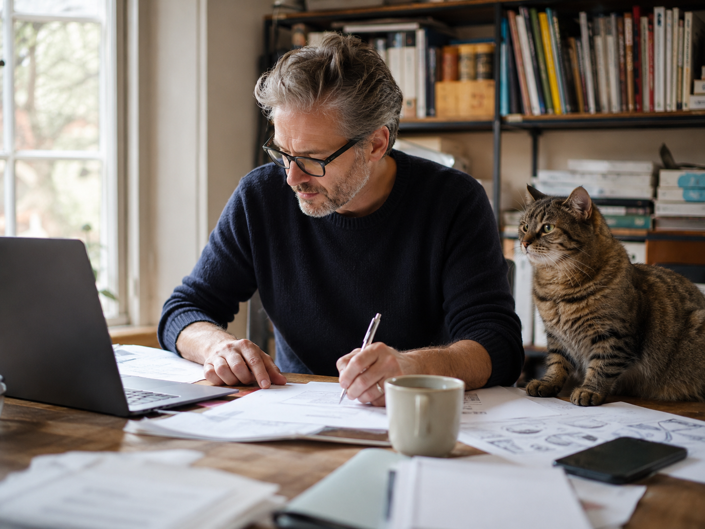 European consultant at a lived-in desk with papers, laptop, coffee and an enormous cat.