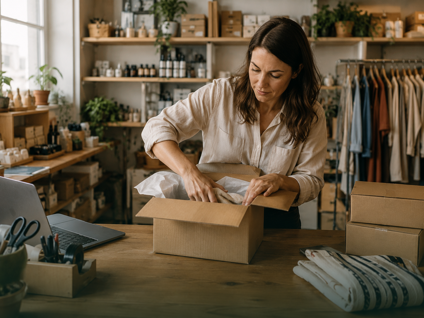 European online shop owner packing customer orders in a busy stockroom.