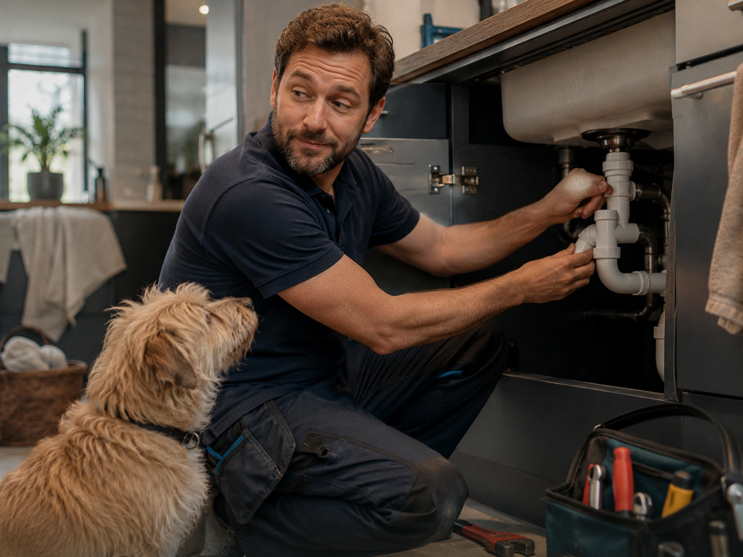 European tradesperson at an active renovation job with a small dog beside the tools.